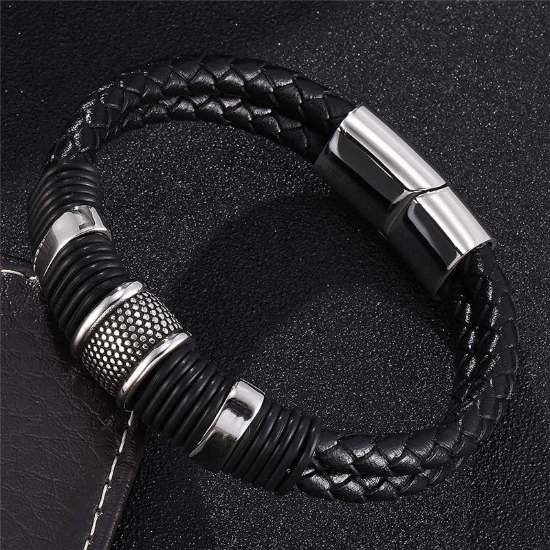 Men's Black Bracelet - Silver-Plated Stainless Steel and PU Leather, Magnetic Closure, 29g