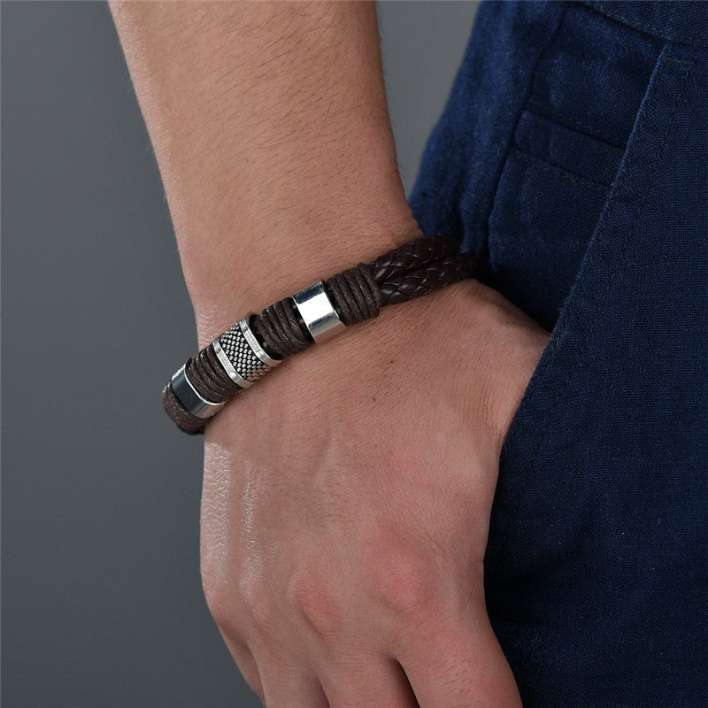 Men's Black Bracelet - Silver-Plated Stainless Steel and PU Leather, Magnetic Closure, 29g