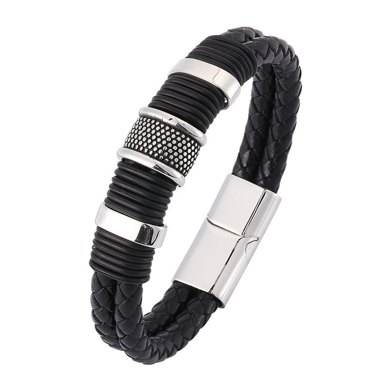 Men's Black Bracelet - Silver-Plated Stainless Steel and PU Leather, Magnetic Closure, 29g