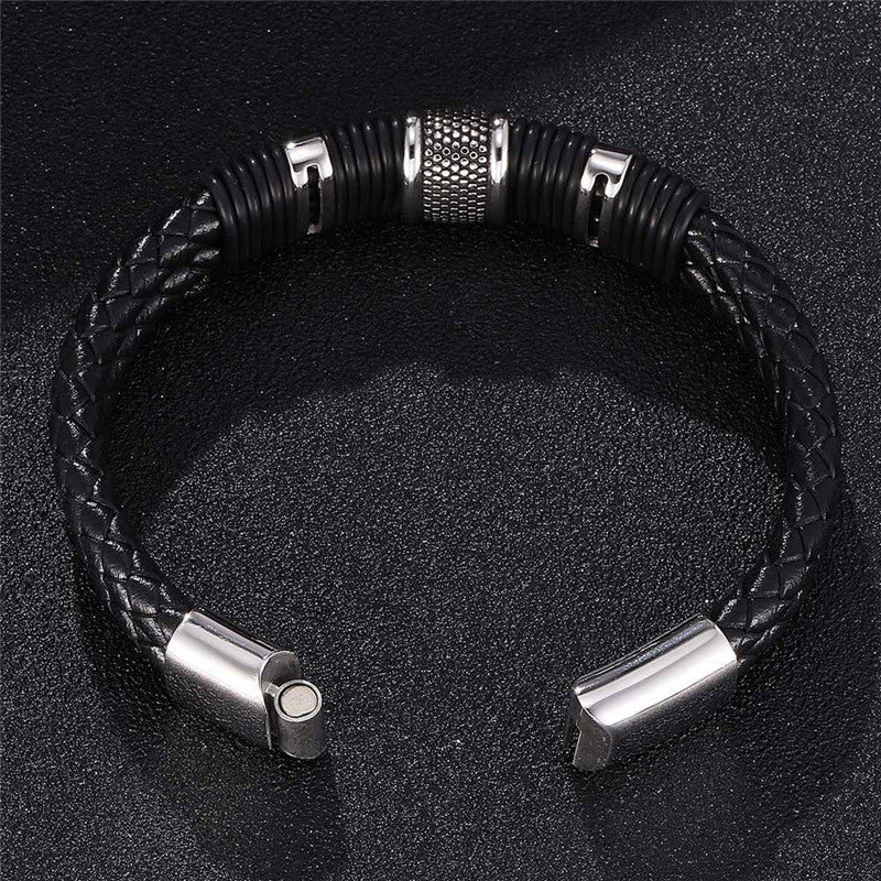 Men's Black Bracelet - Silver-Plated Stainless Steel and PU Leather, Magnetic Closure, 29g