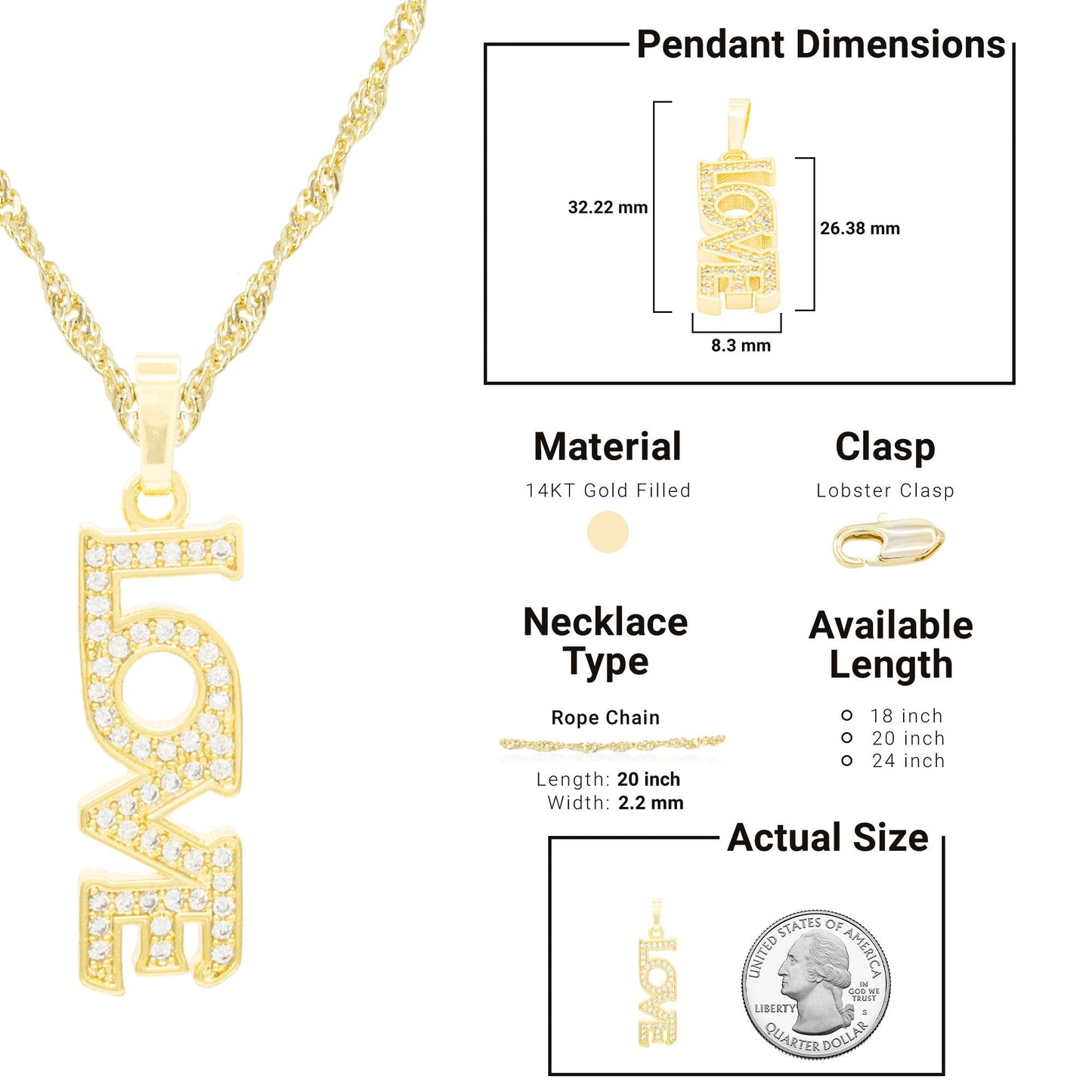 Love Pendant CZ 14 K Gold Necklace Set