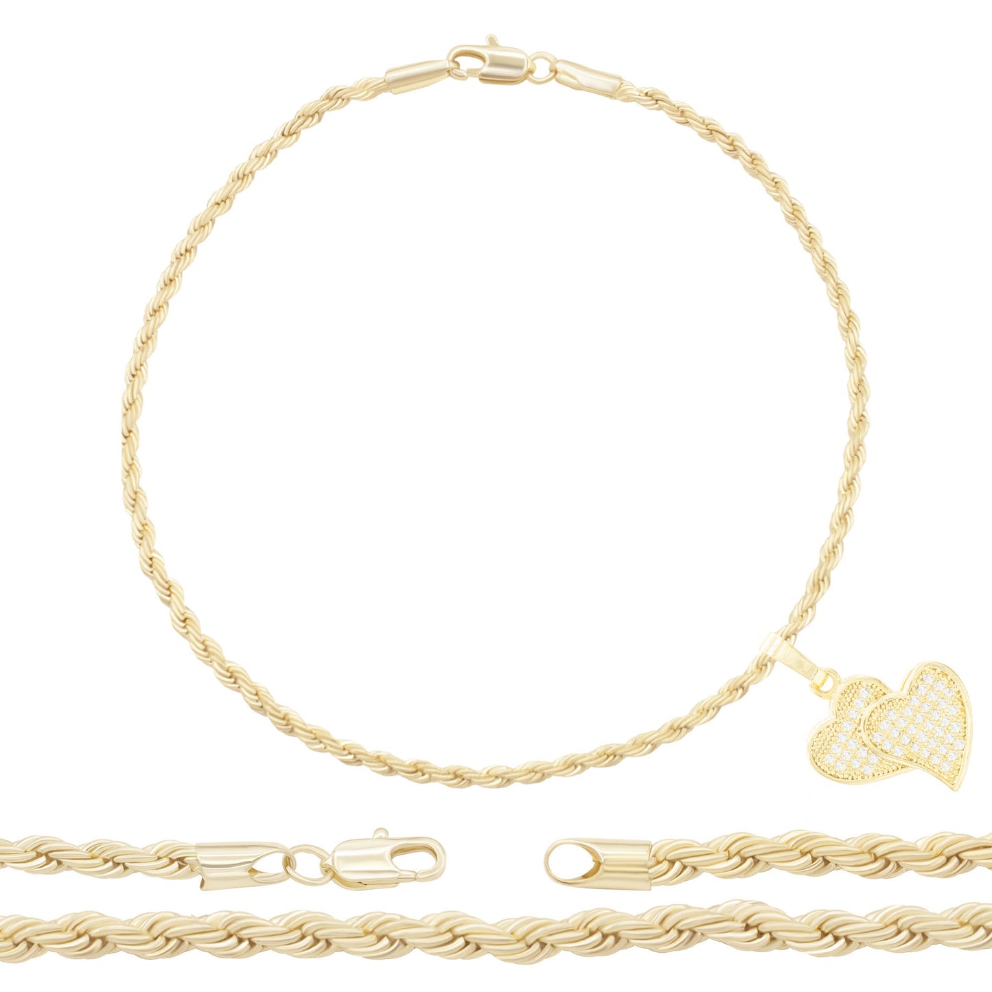 CZ Heart Charm 14K Gold Filled Rope Anklet