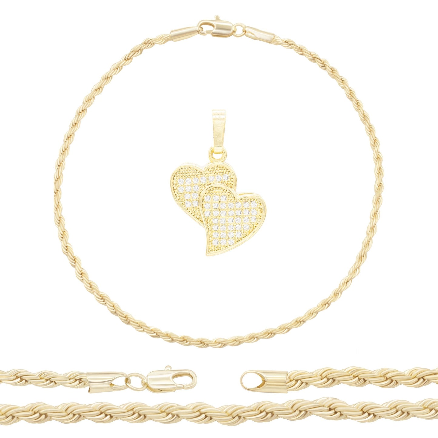 CZ Heart Charm 14K Gold Filled Rope Anklet