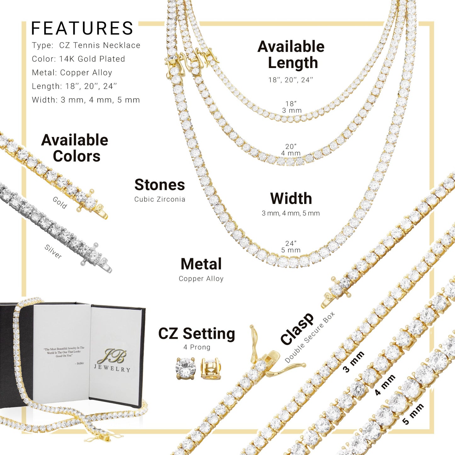 Tennis Necklace Cubic Zirconia 14K Gold Plated